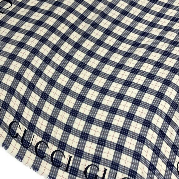 Auth GUCCI - Navy White Bordeaux Wool Scarf - Picture 10 of 10